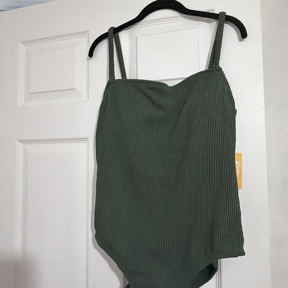 Kona Sol Women's Pucker Textured Square Neck One Piece‎ Swimsuit Green XL (16)